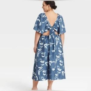 A New Day Flutter Sleeve Blue and White Keyhole Back Midi Dress (NWT)